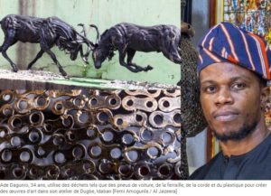 Ade Dagunro 34 ans, utilise des déchets tels que des pneus de voiture, de la ferraille